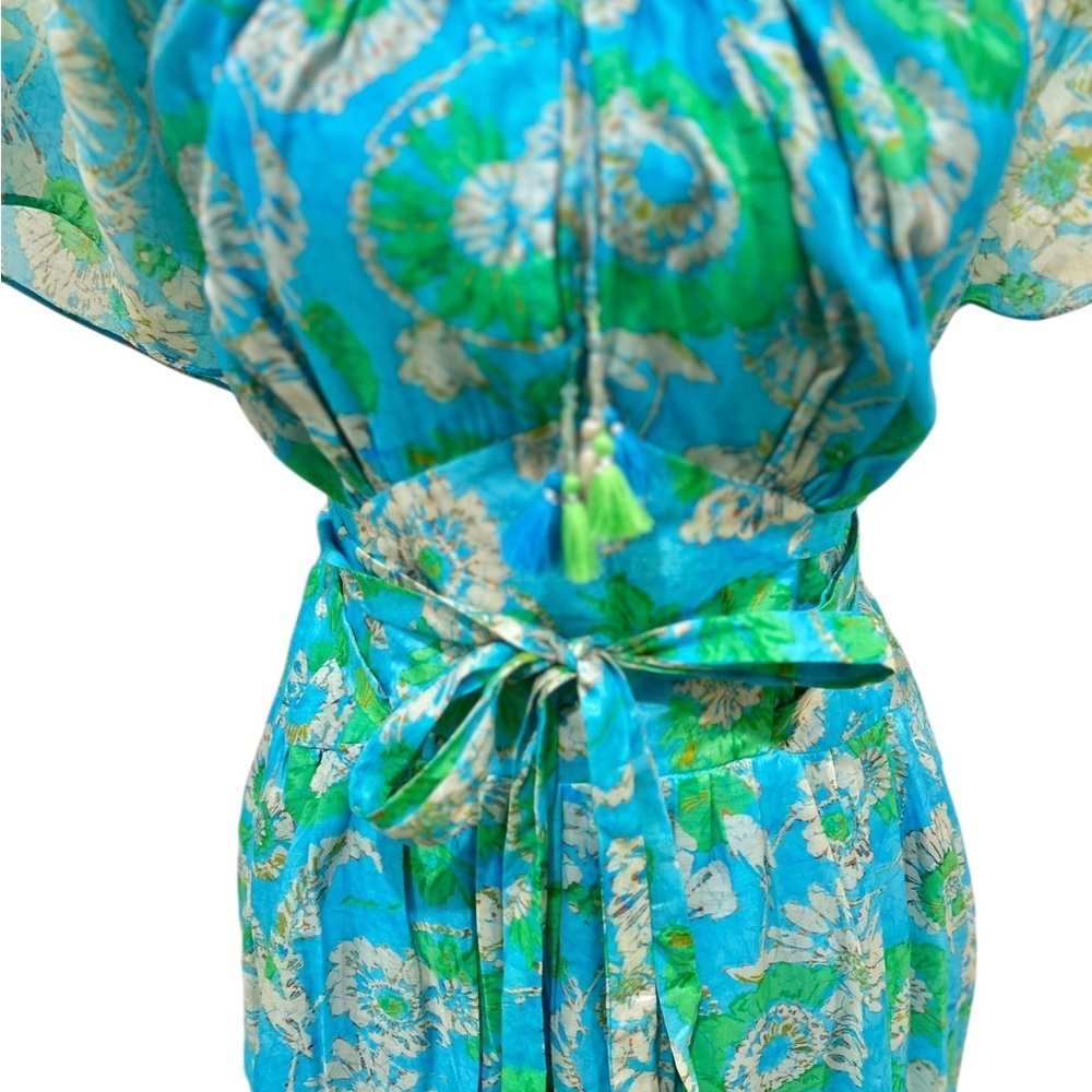 NWT Bella tu Nina Flutter-Sleeve Tie-Waist Maxi Dress Aqua Green Floral medium - Picture 9 of 16